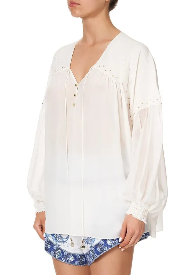 Camilla Tops Women Blouson Blouse With Neck Tie Solid White