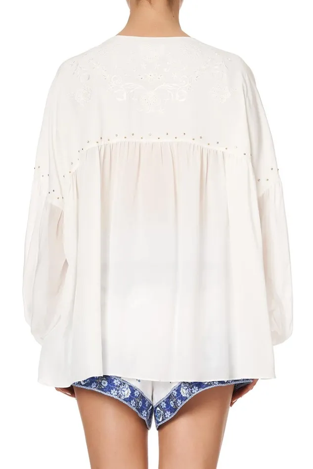 Camilla Tops Women Blouson Blouse With Neck Tie Solid White