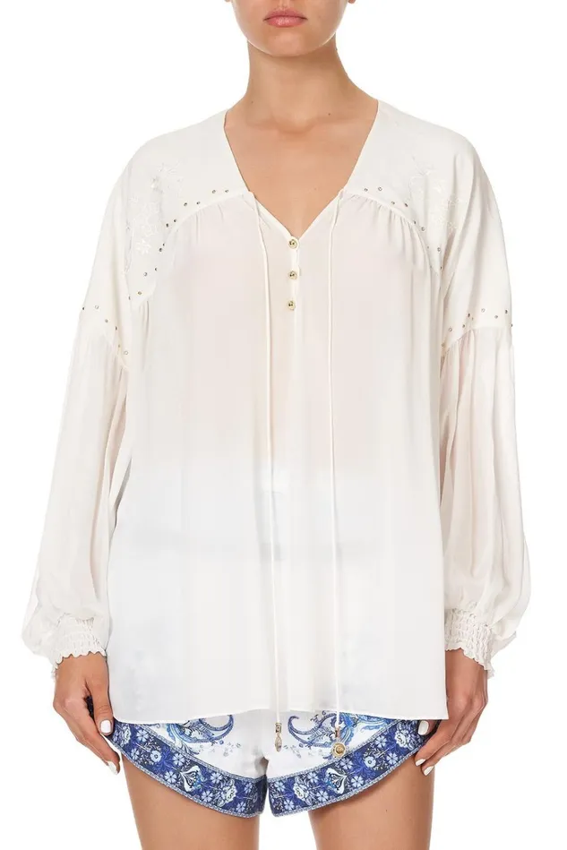Camilla Tops Women Blouson Blouse With Neck Tie Solid White