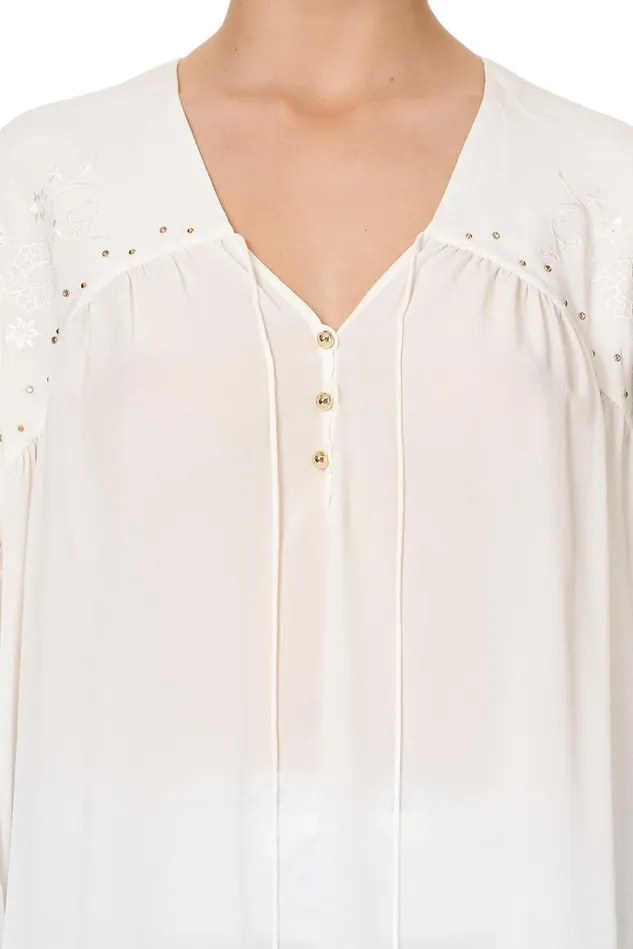 Camilla Tops Women Blouson Blouse With Neck Tie Solid White