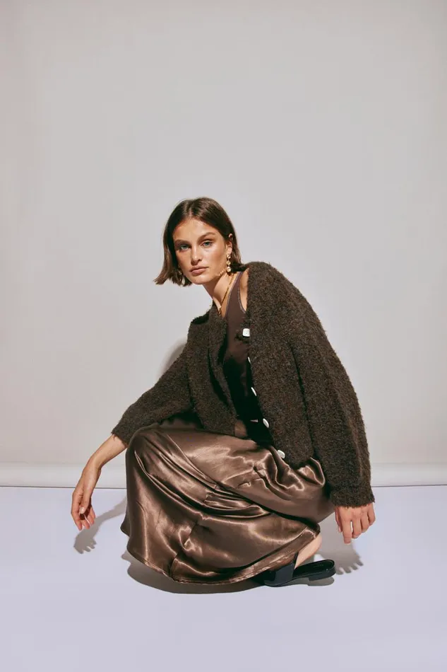 Cardigans Women VRG GRL Elsie Knit Cardigan Chocolate Cardigans Women VRG GRL Elsie Knit Cardigan Chocolate