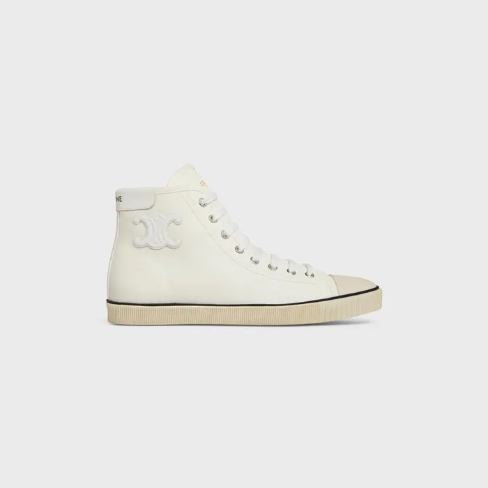 Celine Blank Mid Lace Up Sneaker With Toe Cap In Canvas And Calfskin Off White Women CELINE SNEAKERS Celine Blank Mid Lace Up Sneaker With Toe Cap In Canvas And Calfskin Off White Women CELINE SNEAKERS