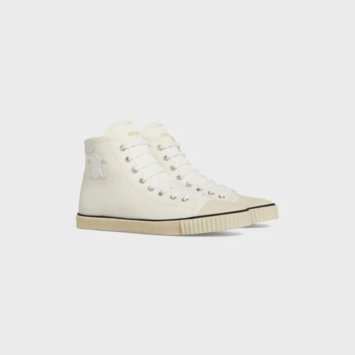 Celine Blank Mid Lace Up Sneaker With Toe Cap In Canvas And Calfskin Off White Women CELINE SNEAKERS Celine Blank Mid Lace Up Sneaker With Toe Cap In Canvas And Calfskin Off White Women CELINE SNEAKERS