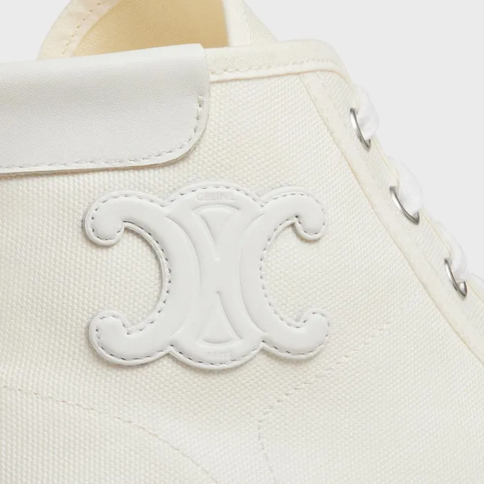 Celine Blank Mid Lace Up Sneaker With Toe Cap In Canvas And Calfskin Off White Women CELINE SNEAKERS Celine Blank Mid Lace Up Sneaker With Toe Cap In Canvas And Calfskin Off White Women CELINE SNEAKERS