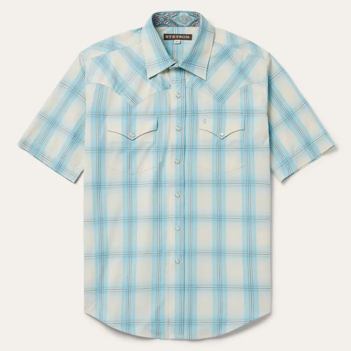 Classic Cut Men Stetson Aqua Ombre Plaid Short Sleeve Western Shirt Blue