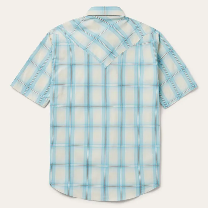 Classic Cut Men Stetson Aqua Ombre Plaid Short Sleeve Western Shirt Blue