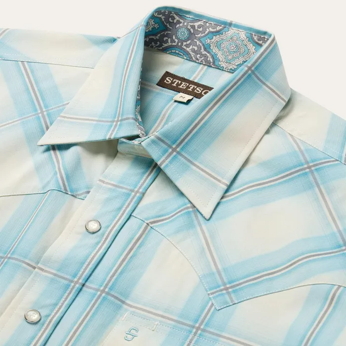 Classic Cut Men Stetson Aqua Ombre Plaid Short Sleeve Western Shirt Blue
