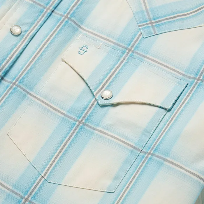 Classic Cut Men Stetson Aqua Ombre Plaid Short Sleeve Western Shirt Blue