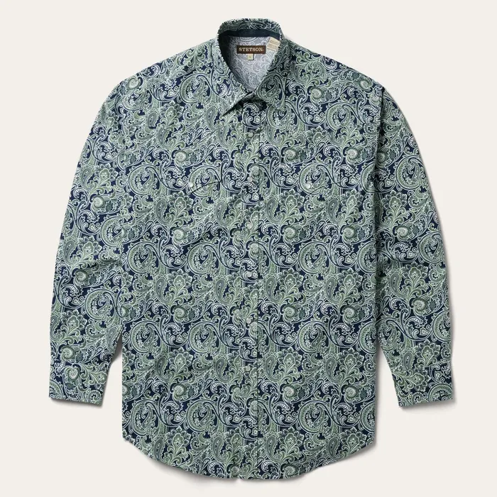 Classic Cut Men Stetson Greenspring Paisley Print Western Shirt Blue