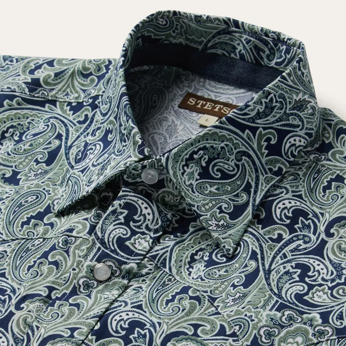 Classic Cut Men Stetson Greenspring Paisley Print Western Shirt Blue