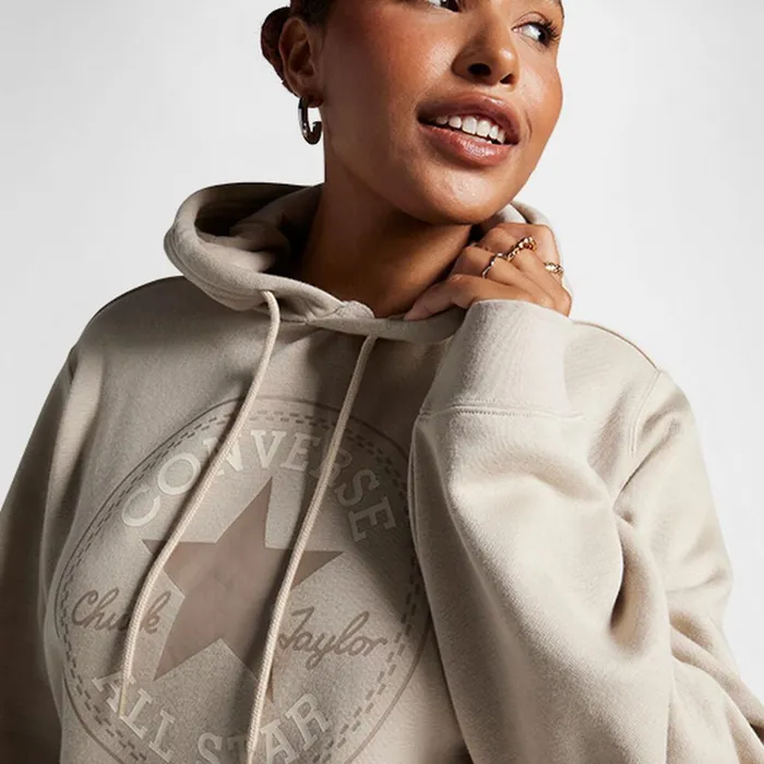 Converse Jackets and Sweatshirts Converse GoTo All Star Patch StandardFit Fleece Pullover Hoodie Beach Stone White 8211 MenWomen