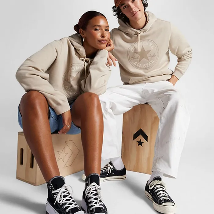 Converse Jackets and Sweatshirts Converse GoTo All Star Patch StandardFit Fleece Pullover Hoodie Beach Stone White 8211 MenWomen