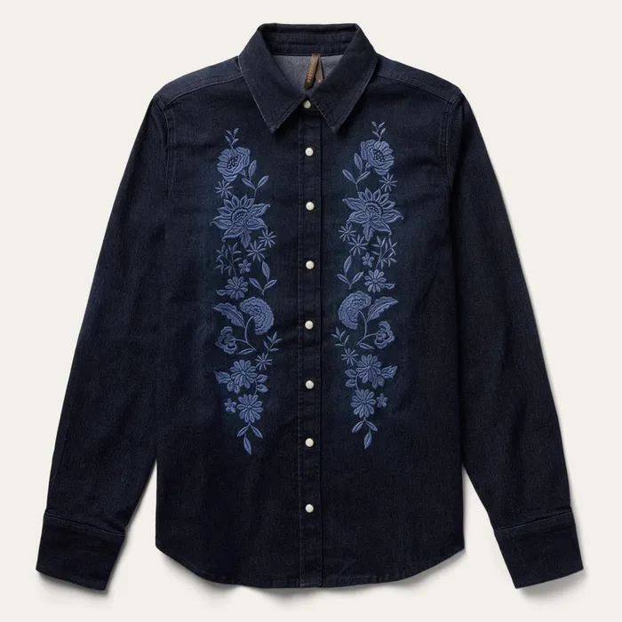 Denim Shirts Women Stetson Embroidered Dark Denim Snap Front Shirt Blue