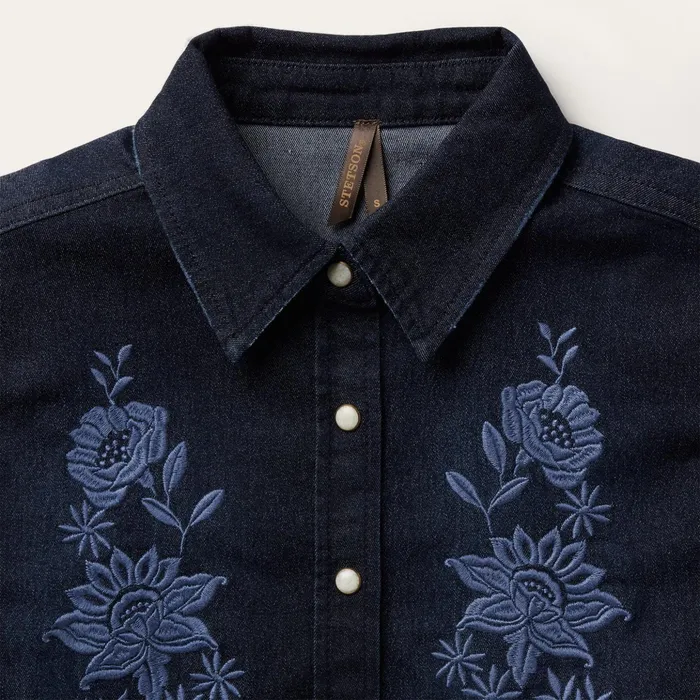 Denim Shirts Women Stetson Embroidered Dark Denim Snap Front Shirt Blue