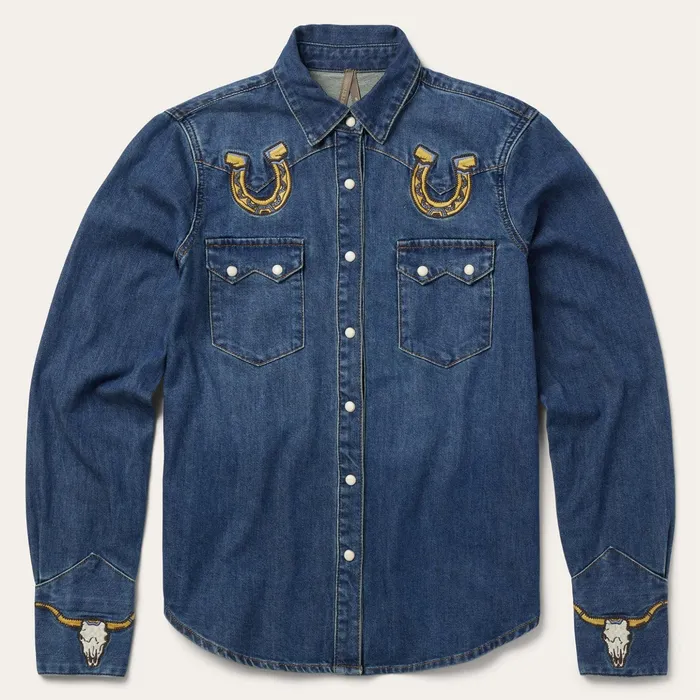 Denim Shirts Women Stetson Embroidered Dark Denim Western Shirt Blue