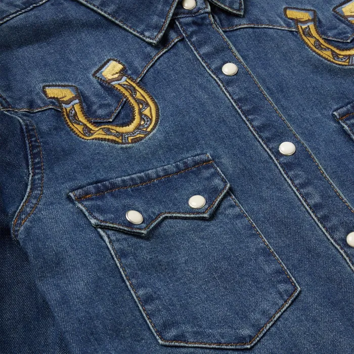 Denim Shirts Women Stetson Embroidered Dark Denim Western Shirt Blue