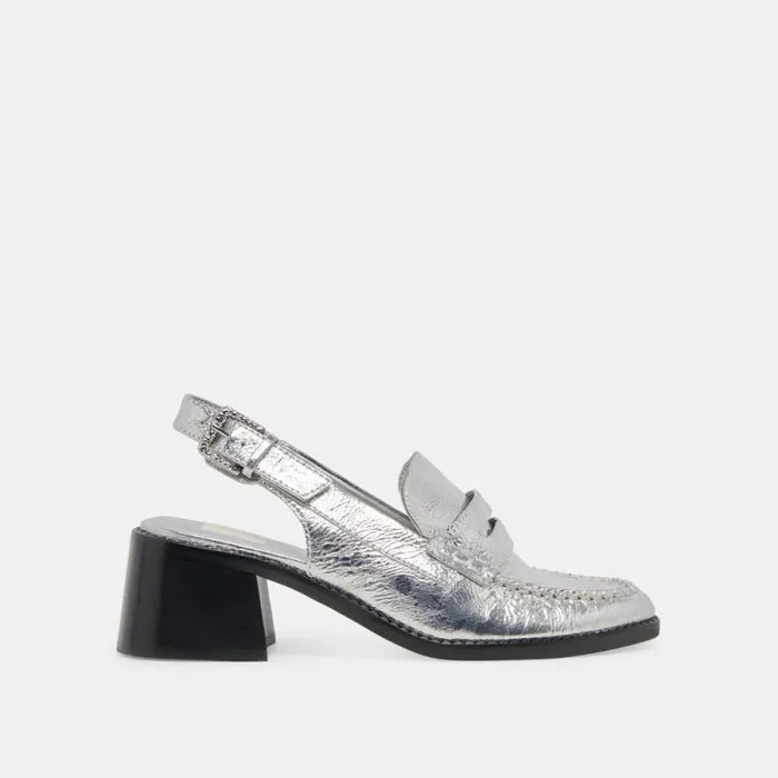 Dolce Vita Hardi Heels Silver Distressed Leather Women Flats and Loafers