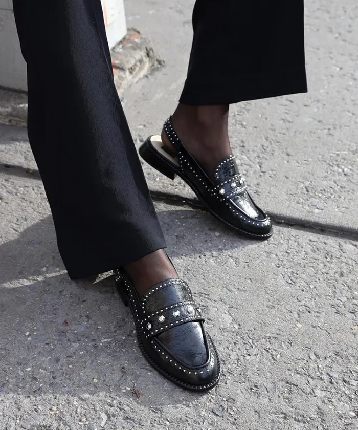 Dolce Vita Hardi Stud Loafers Midnight Crinkle Patent Women Flats and Loafers