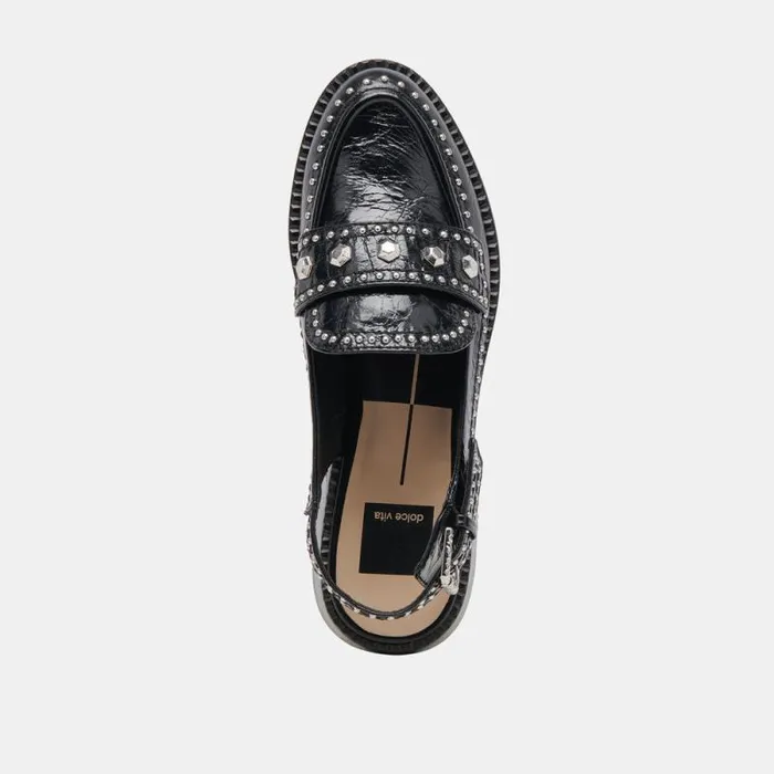 Dolce Vita Hardi Stud Loafers Midnight Crinkle Patent Women Flats and Loafers