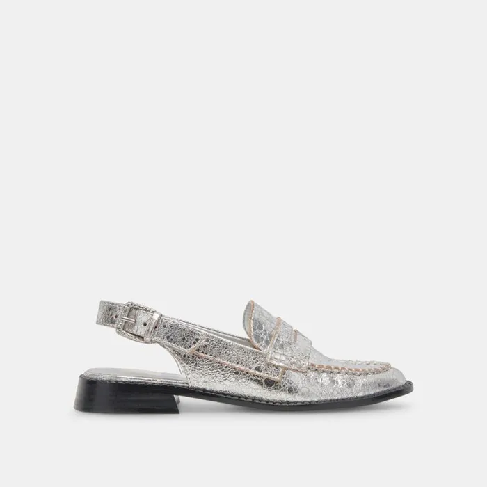 Dolce Vita Hardi Wide Loafers Silver Crackled Leather Women Flats and Loafers