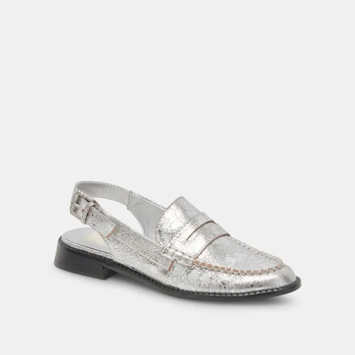 Dolce Vita Hardi Wide Loafers Silver Crackled Leather Women Flats and Loafers