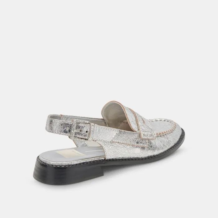Dolce Vita Hardi Wide Loafers Silver Crackled Leather Women Flats and Loafers