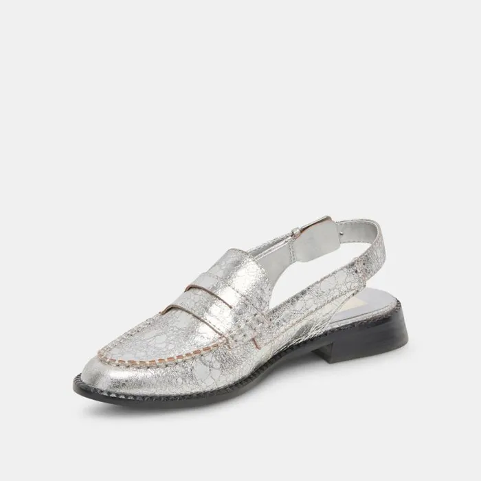 Dolce Vita Hardi Wide Loafers Silver Crackled Leather Women Flats and Loafers