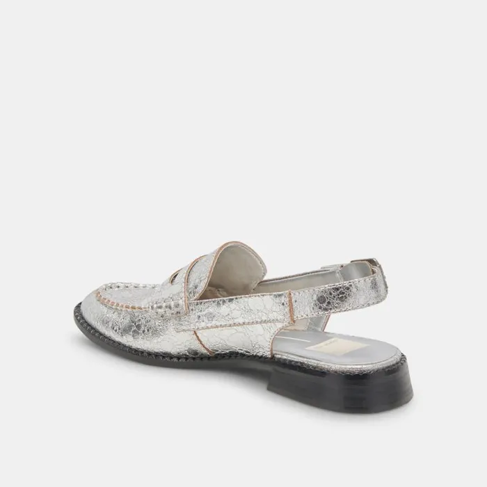 Dolce Vita Hardi Wide Loafers Silver Crackled Leather Women Flats and Loafers