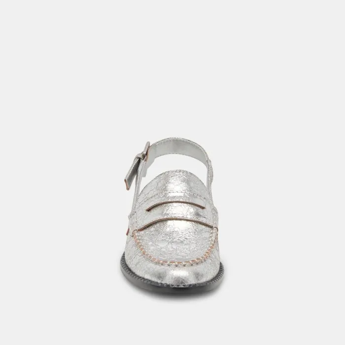 Dolce Vita Hardi Wide Loafers Silver Crackled Leather Women Flats and Loafers