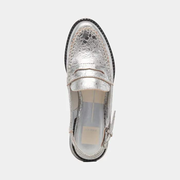 Dolce Vita Hardi Wide Loafers Silver Crackled Leather Women Flats and Loafers