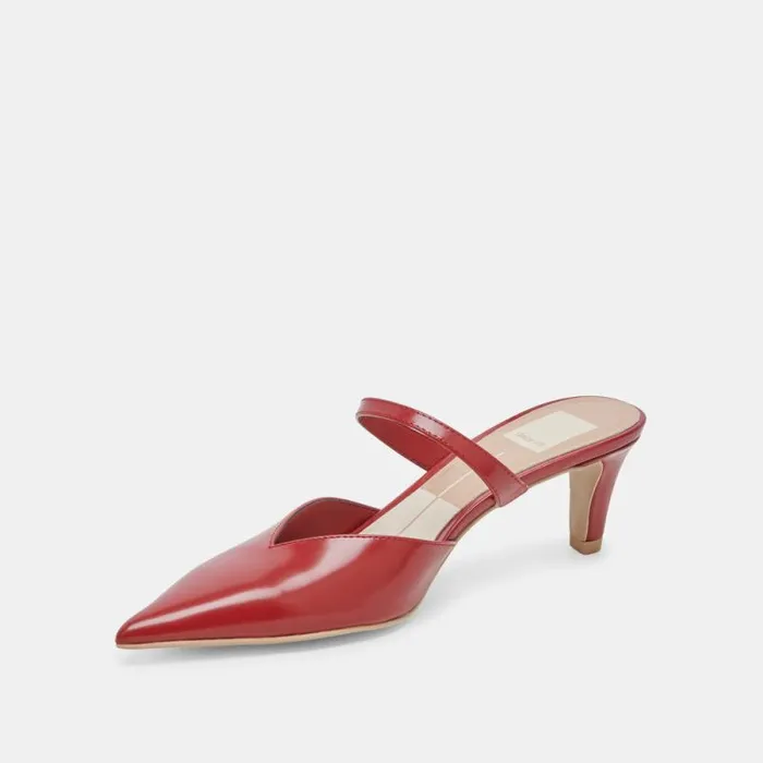 Dolce Vita Kanika Mid Heels Red Crinkle Patent Women Mules and Clogs