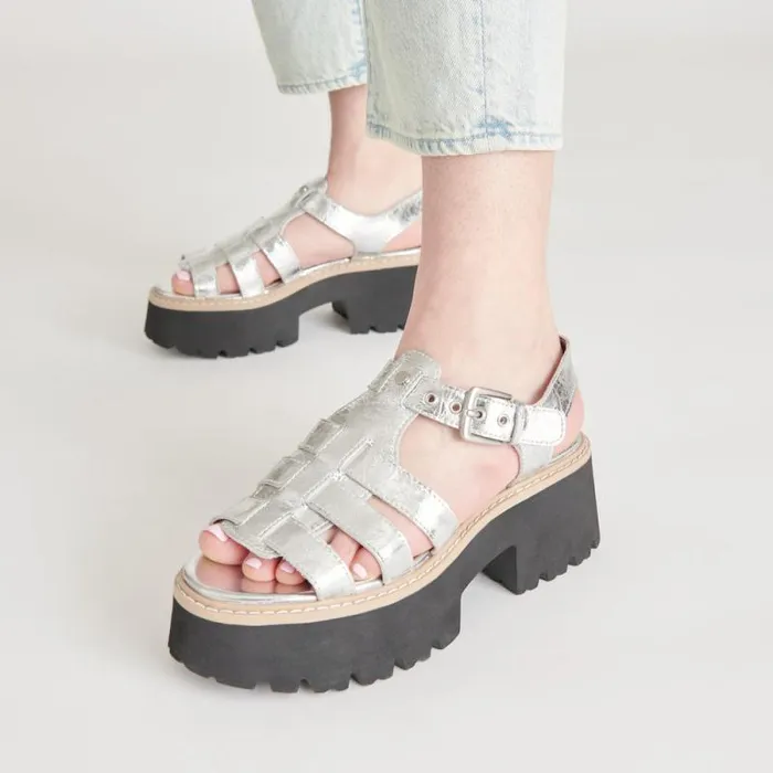 Dolce Vita Latice Sandals Silver Distressed Leather Women Sandals