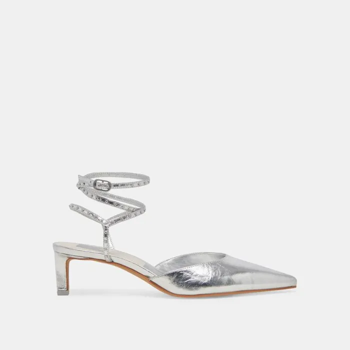 Dolce Vita Loklyn Stud Heels Silver Crinkle Patent Women Heels