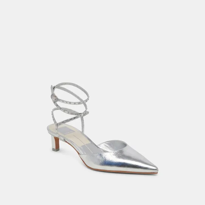 Dolce Vita Loklyn Stud Heels Silver Crinkle Patent Women Heels