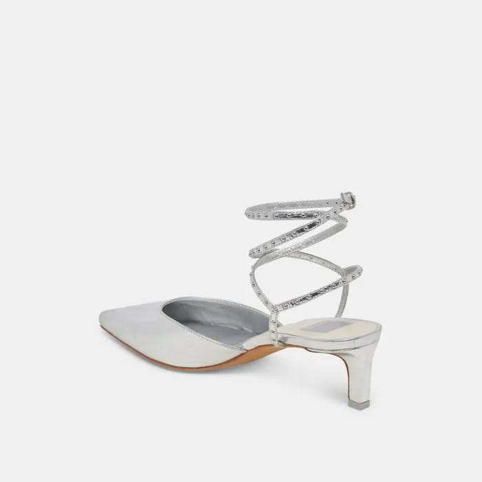 Dolce Vita Loklyn Stud Heels Silver Crinkle Patent Women Heels