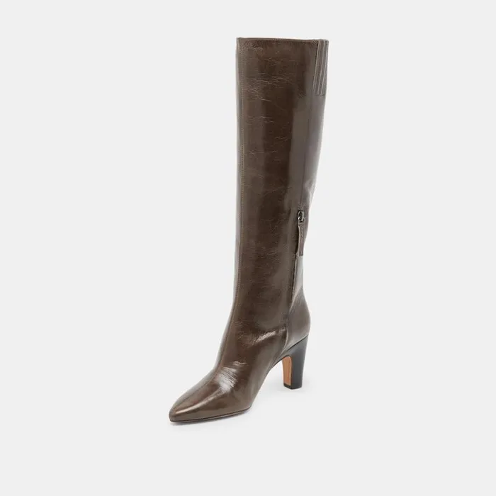 Dolce Vita Nelas Wide Calf Boots Dark Olive Leather Women Boots and Booties