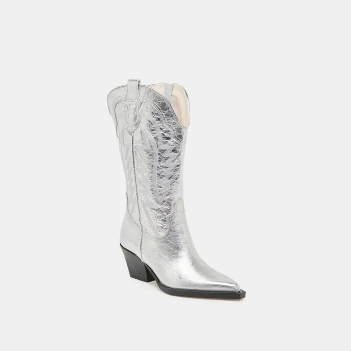 Dolce Vita Ryland Wide Calf Boots Silver Distressed Leather Women Boots and Booties