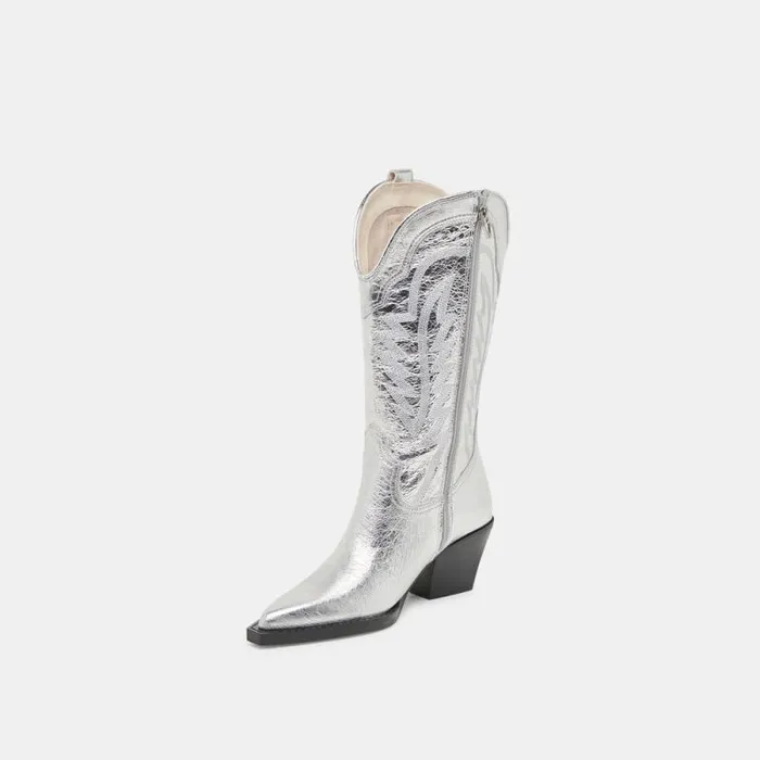 Dolce Vita Ryland Wide Calf Boots Silver Distressed Leather Women Boots and Booties