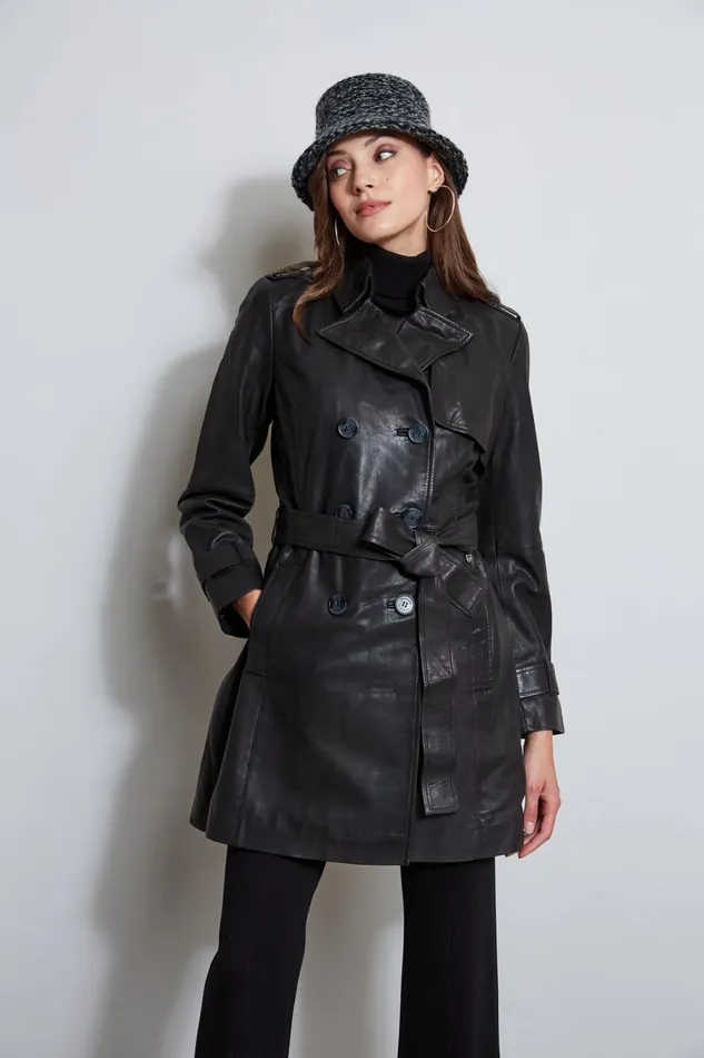 Elie Tahari Coats Tahari Leather Double Breasted Trench Coat Black 8211 Women