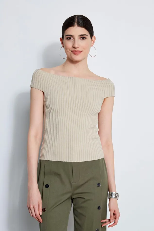 Elie Tahari Knits and Sweaters Off Shoulder Rib Sweater Sand 8211 Women