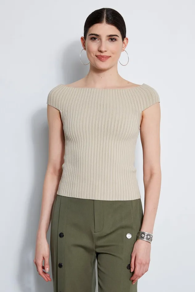 Elie Tahari Knits and Sweaters Off Shoulder Rib Sweater Sand 8211 Women