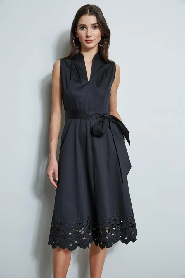 Elie Tahari Midi Dresses Embroidered Hem Cotton Dress Black 8211 Women