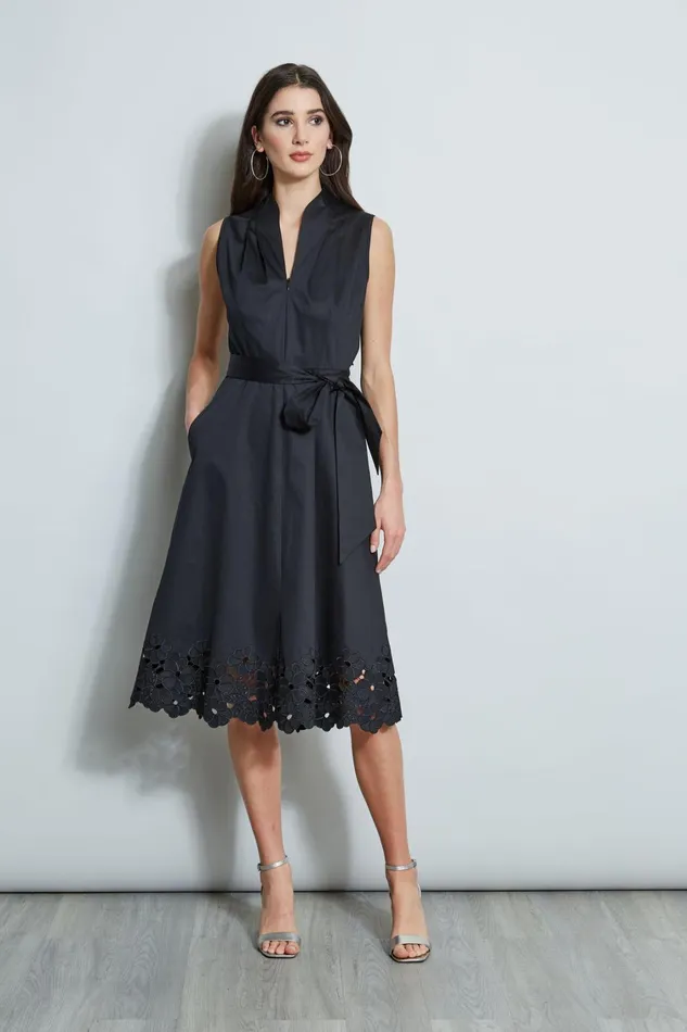 Elie Tahari Midi Dresses Embroidered Hem Cotton Dress Black 8211 Women