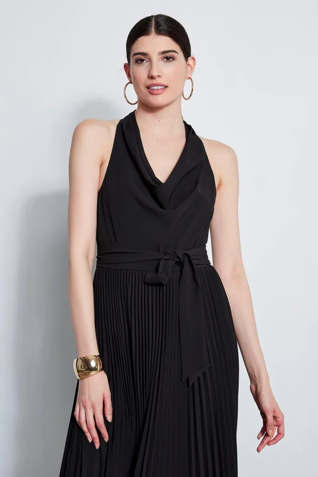 Elie Tahari Midi Dresses Pleated Cowl Midi Dress Black 8211 Women
