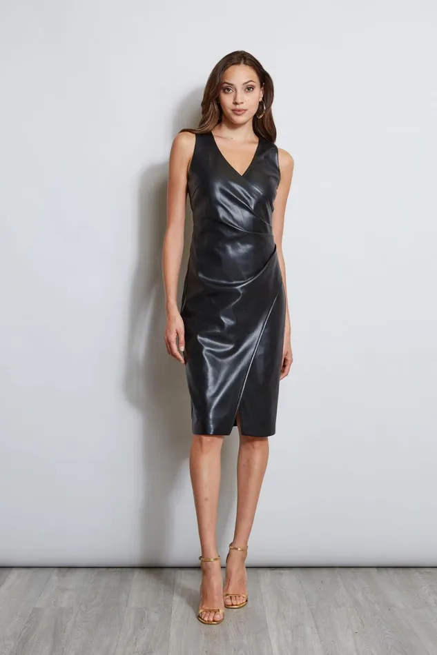 Elie Tahari Sleeveless Dresses Vegan Leather Ruched Wrap Dress Noir 8211 Women Elie Tahari Sleeveless Dresses Vegan Leather Ruched Wrap Dress Noir 8211 Women