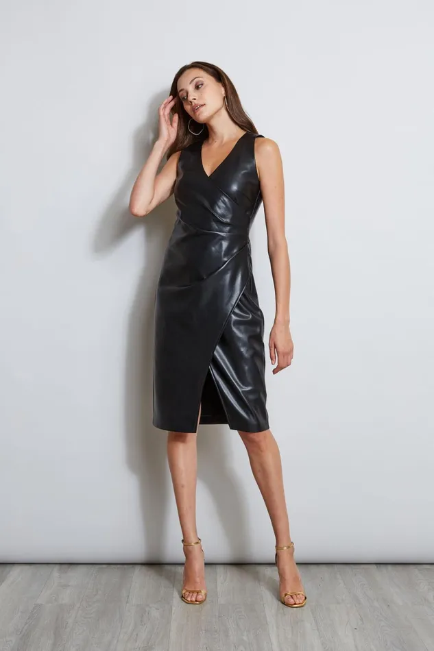 Elie Tahari Sleeveless Dresses Vegan Leather Ruched Wrap Dress Noir 8211 Women