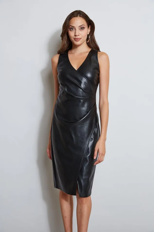 Elie Tahari Sleeveless Dresses Vegan Leather Ruched Wrap Dress Noir 8211 Women