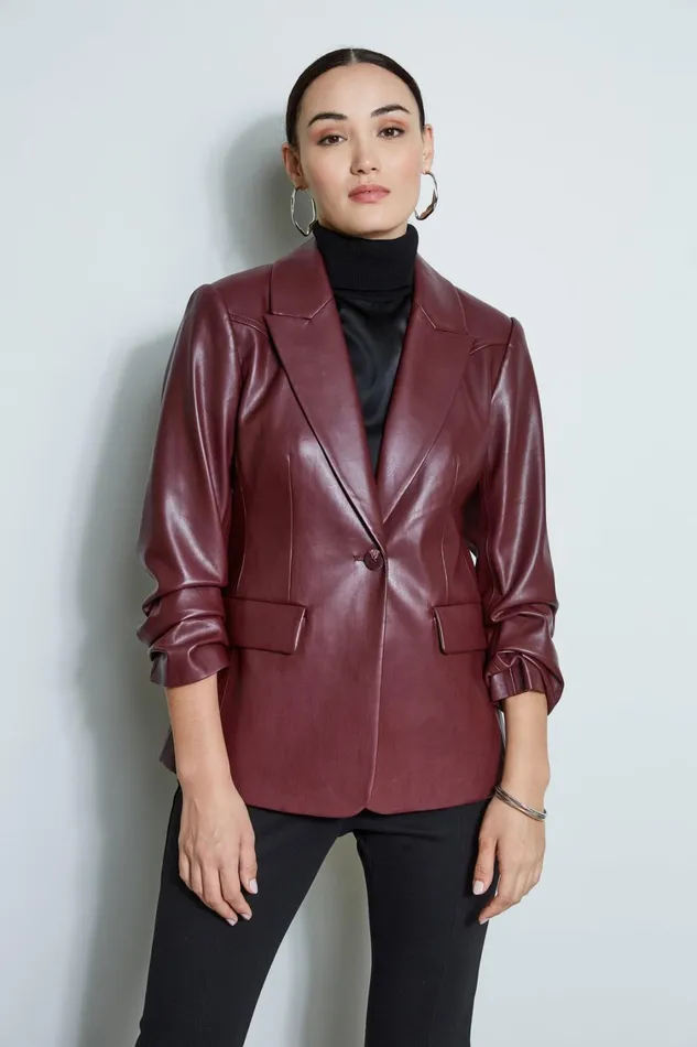 Elie Tahari Suiting Vegan Leather Ruched Sleeve Blazer Black Cherry 8211 Women Elie Tahari Suiting Vegan Leather Ruched Sleeve Blazer Black Cherry 8211 Women