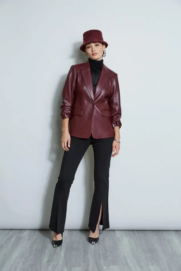 Elie Tahari Suiting Vegan Leather Ruched Sleeve Blazer Black Cherry 8211 Women