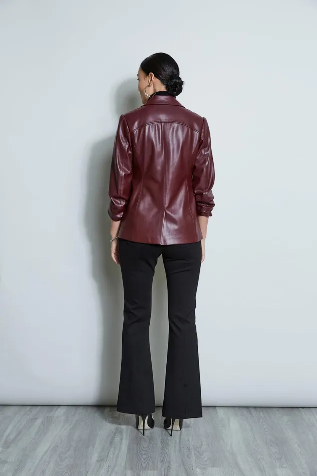 Elie Tahari Suiting Vegan Leather Ruched Sleeve Blazer Black Cherry 8211 Women